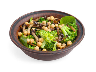 Delicious salad with shimeji mushrooms, chickpeas and broccoli in bowl isolated on white