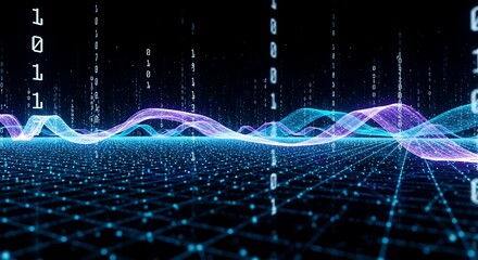 Digital data stream with glowing wave patterns and binary code