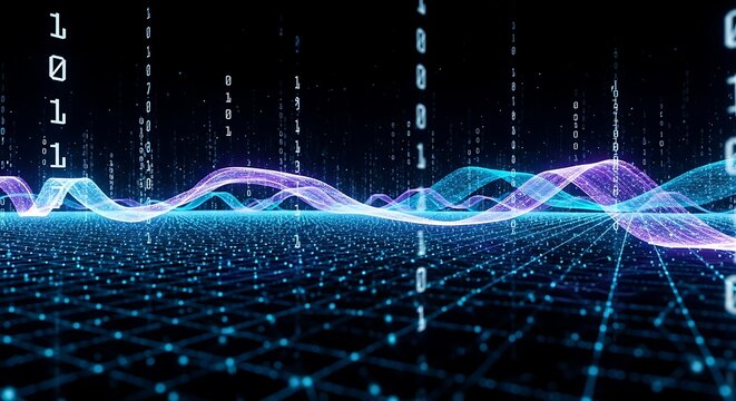Digital data stream with glowing wave patterns and binary code