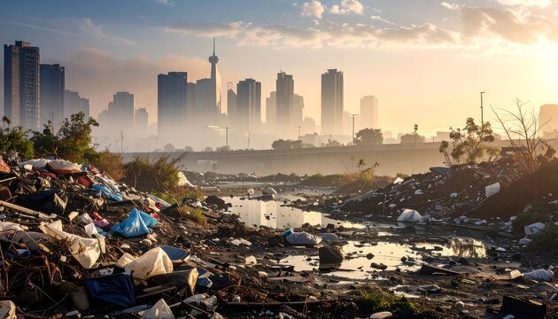 Polluted urban landscape features a river choked with trash, juxtaposed against a hazy cityscape during sunrise - Powered by Adobe