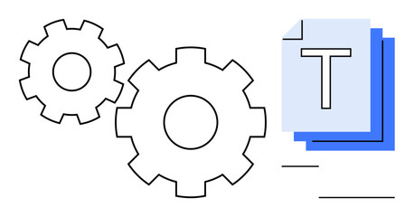 Interlocking gears beside layered text documents. Ideal for automation, content flow, productivity, teamwork, system design, optimization, and simple landing page