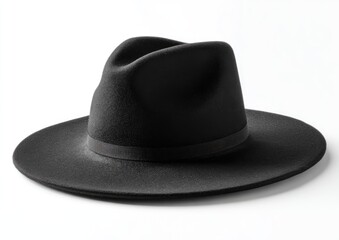 A black felt fedora hat with a subtle, dark band, sits on a stark white background, showcasing its wide brim and softly curved crown