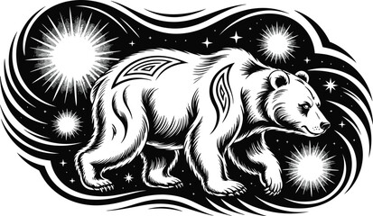 Obraz premium Black and white illustration of a bear walking under starry sky