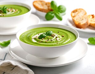 Creamy green soup in white bowls with toasted bread