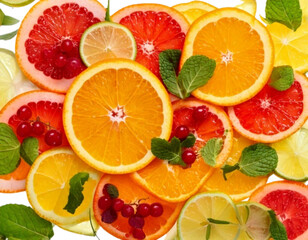 Lemon Slices with Raspberries and Mint, Transparent Background