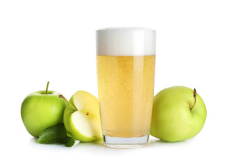 Tasty cider in glass, fresh apples and green leaves isolated on white