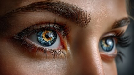 Naklejka premium A close-up of two vibrant eyes with intense blue and orange irises, emphasizing emotional depth and photorealism.