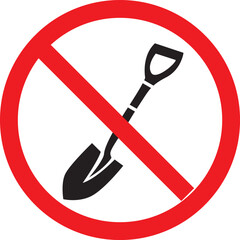 No Digging Sign Vector,  
Prohibited Excavation Symbol,  
Underground Utility Warning Icon,  
Red Circle Shovel Ban Graphic
