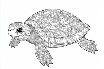 Cute cartoon turtle with patterned shell, bold black line drawing, simple design with no shading, low detail, vector illustration for children's book.