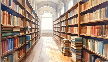 Obraz premium Library Interior with Rows of Bookshelves Stacked with Colorful Volumes and Arch Windows Letting in Bright Light in a Classic Watercolor Style