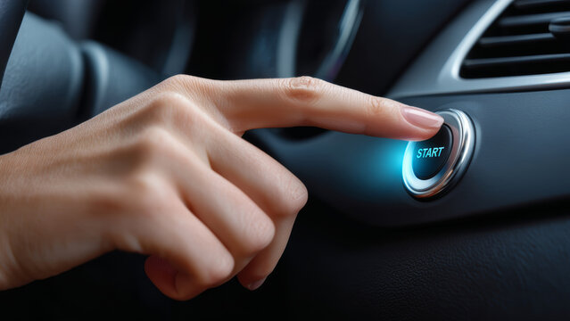 Hand pushes car start button inside vehicle as automakers push ev sales while tax credit expires creating shift in automotive market with new technology and innovation