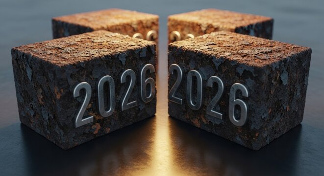 2026 year in metal numerals on four textured blocks lit by a warm light source - Powered by Adobe