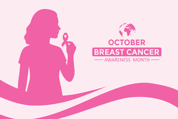Breast cancer awareness month illustration with women silhouette in the background. Vector Illustration