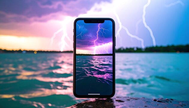 Smartphone displaying a dramatic storm over a lake