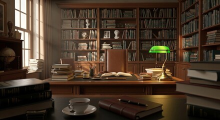 A sunlit, classic library office with a large wooden desk, bookshelves, and a green banker's lamp.