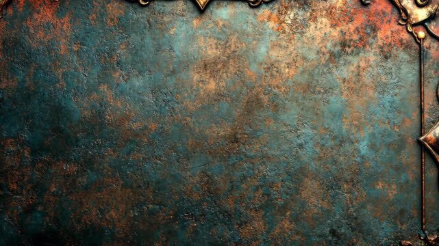Rustic Metal Texture Ornate Frame Copper Teal Background.