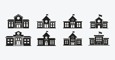 Minimalist Flat School Building Vector Icons Set