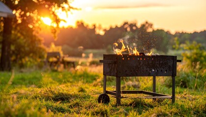 Charcoal grill with sparks and flames, outdoor summer cooking concept