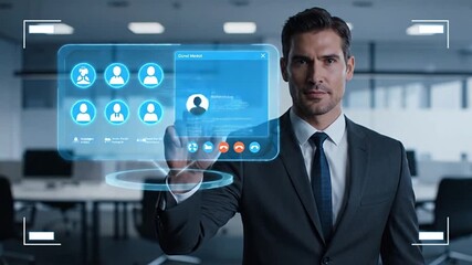 A businessman interacts with a holographic interface showing video conferencing and team member profiles, representing modern digital communication. - Powered by Adobe