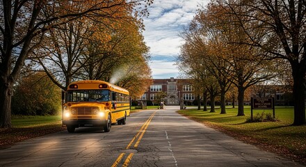 Obraz premium A yellow school bus with headlights on drives down a tree-lined road towards a brick school building in autumn.
