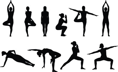 Yoga poses silhouette vector, fitness exercise illustration, meditation posture clipart, black yoga icons, wellness activity design, body balance artwork