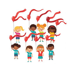 Children Celebrating with Red Heart Balloons and Ribbons