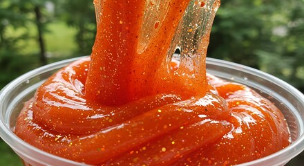 A bowl of homemade glitter slime in peach orange colors, sparkles catching light and glossy surface reflecting, playful and artistic
