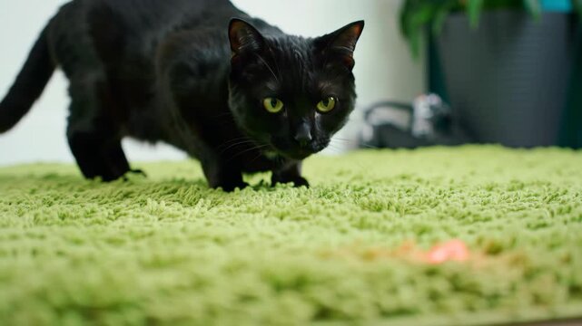 Alert black cat on green rug, preparing to pounce on toy, indoor scene. Pets, domestic animal, animal, predator, feline, playful.