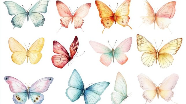 51.A collection of delicate watercolor butterflies with soft, blended colors and intricate wing patterns, arranged against a white background, ideal for baby shower decorations and birthday