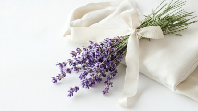 23.Decorative fabric pouch tied with a ribbon, filled with lavender, accompanied by a handwritten thank-you note and placed on a crisp white surface.