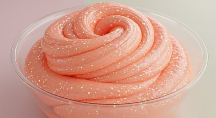 Fototapeta premium A bowl of homemade glitter slime in peach orange colors, sparkles catching light and glossy surface reflecting, playful and artistic
