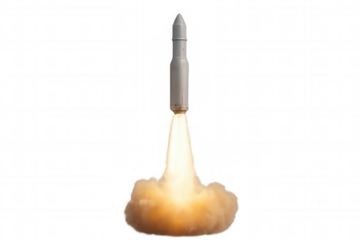 Ballistic missile launching, generating intense flame plume, transparent isolated background for seamless digital composition