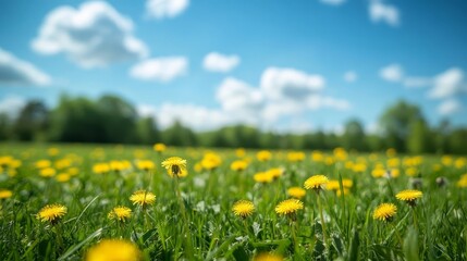 63.A lively field of verdant grass dotted with blooming yellow dandelions, with a blurred blue sky and soft white clouds creating a dreamy and peaceful outdoor scene. The light breeze rustles through