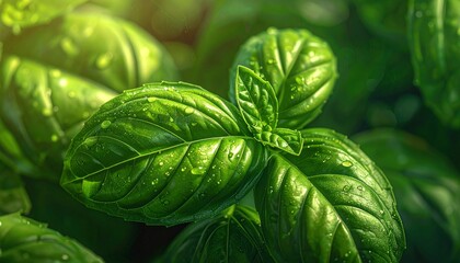 A macro of fresh basil leaf, glossy veins and vibrant green surface glowing under light. A sensual foodgasm close-up of freshness and detail.