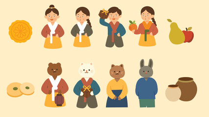 Cute children and animals wearing traditional Korean hanbok clothes