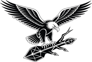Obraz premium Black eagle perched on geometric branch bird animal