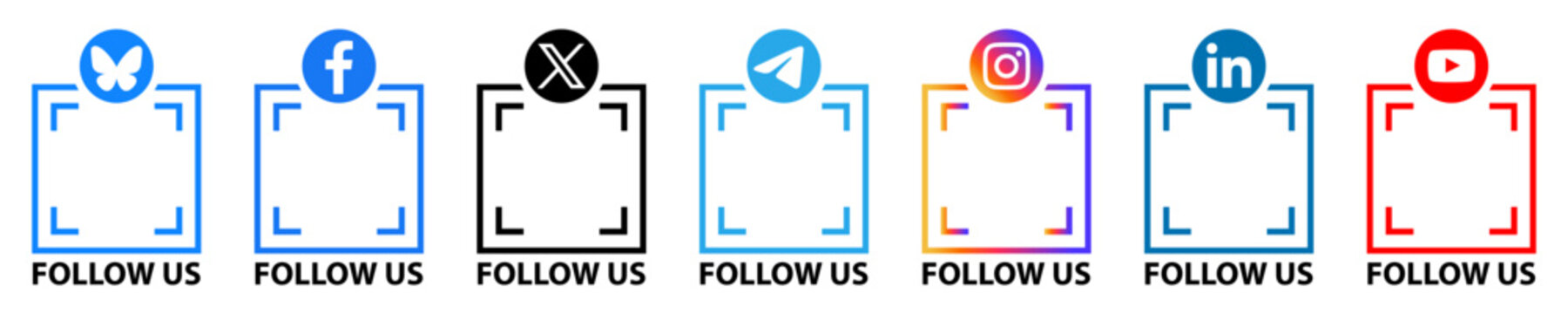 Social Media Icons,Bluesky,Facebook,Instagram,Twitter,YouTube,Telegram ,LinkedIn with qr code ,follow us on social media.QR Code Scanner.Vector Editorial
