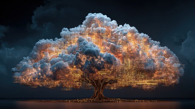 Abstract digital illustration with a stormy blue background featuring a luminous technology tree in amber and silver tones - Powered by Adobe