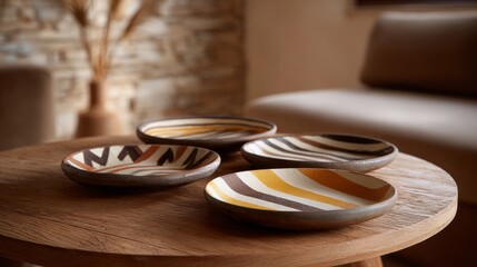 Four plates with different patterns are sitting on a wooden table