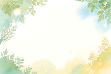 Fototapeta premium Bright watercolor leaves frame, soft green and blue colors, nature background concept