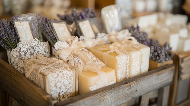 58.Rustic wedding favors arranged in wooden crates, showcasing handmade soaps, mini candles, and decorative pouches filled with dried lavender, all wrapped with lace and ribbons.