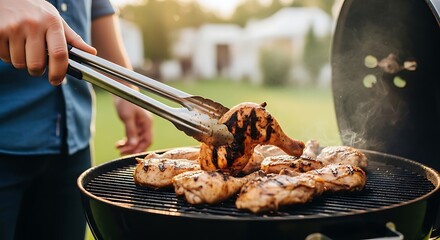 Grilled chicken cooking on barbecue grilling food