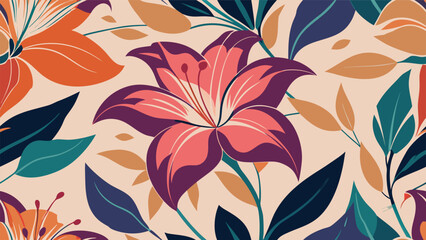 Vibrant floral pattern with large blooming flowers and leaves vector
