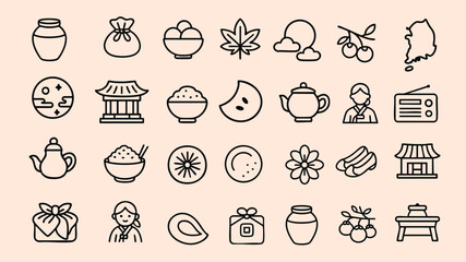 Flat Korean Chuseok celebration icons collection with food and culture