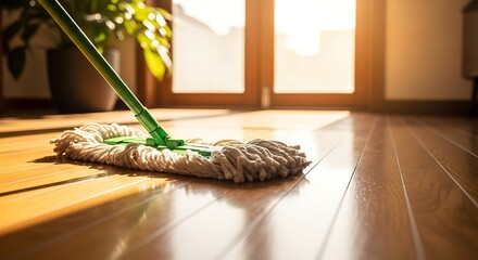 Green mop cleaning wooden floor image