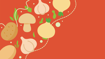 Red background vegetable design with mushrooms garlic onions and potatoes