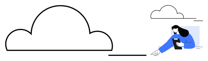 Large cloud shape with minimal lines, alongside a woman holding a tablet, symbolizing digital connection. Ideal for technology, innovation, remote work, cloud storage, virtual collaboration