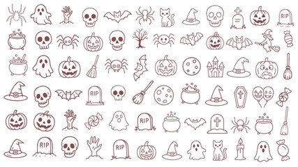 Thin line halloween icons set with skull ghost pumpkin