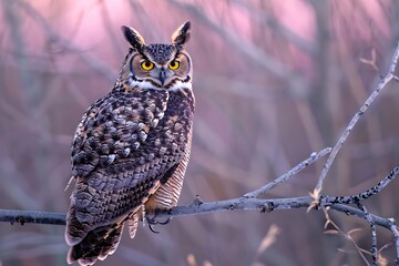 Great Horned Owl Perched on a Branch in Soft Light