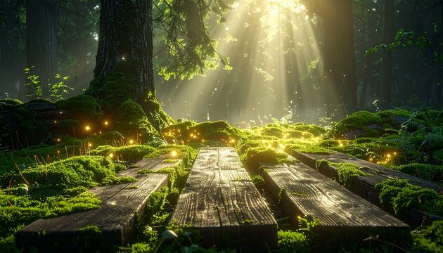 Raw wooden planks scattered in a forest clearing, glowing moss wrapping around edges, enchanted light seeping through cracks